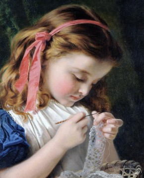Niña tejiendo a crochet Sophie Gengembre Anderson niño Pinturas al óleo